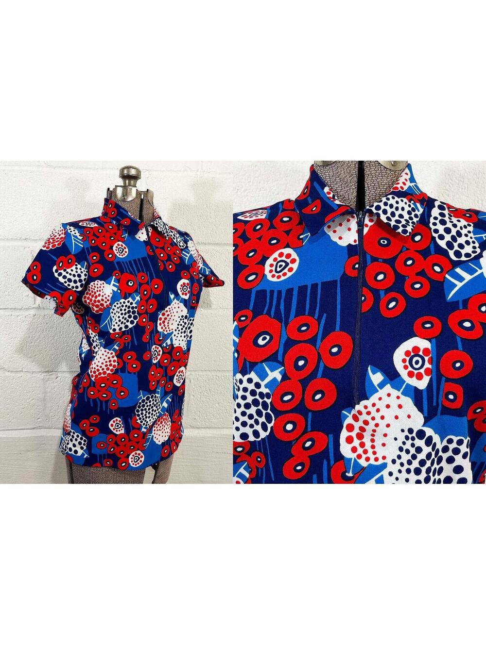 Mod Blue Top Abstract Blue Red White Collared Quarter Zip 1960s 1970s Medium